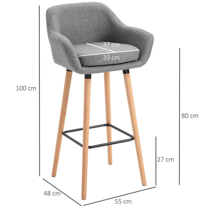 Set of 2 Modern Upholstered Bar Stools with Solid Wood Legs - Grey