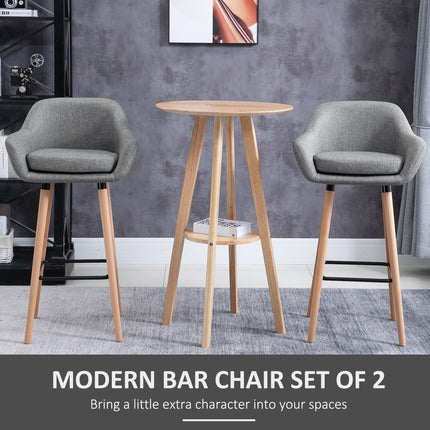 Set of 2 Modern Upholstered Bar Stools with Solid Wood Legs - Grey