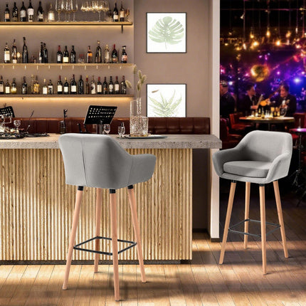 Set of 2 Modern Upholstered Bar Stools with Solid Wood Legs - Grey