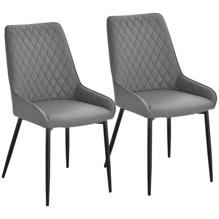 Set of 2 Quilted PU Leather Dining Chairs with Metal Frame and Foot Caps - Grey