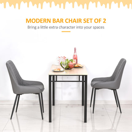 Set of 2 Quilted PU Leather Dining Chairs with Metal Frame and Foot Caps - Grey