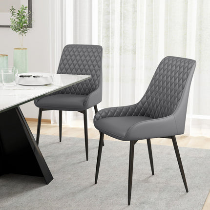 Set of 2 Quilted PU Leather Dining Chairs with Metal Frame and Foot Caps - Grey