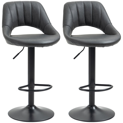 Set of 2 Adjustable Swivel Gas Lift Barstools with Footrest - Grey PU Leather