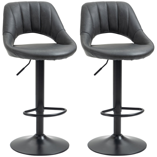 Set of 2 Adjustable Swivel Gas Lift Barstools with Footrest - Grey PU Leather