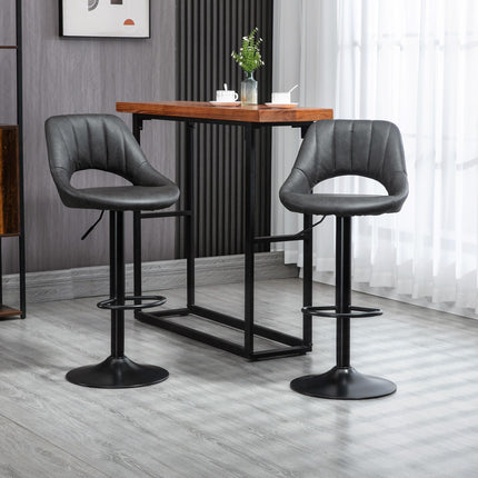 Set of 2 Adjustable Swivel Gas Lift Barstools with Footrest - Grey PU Leather