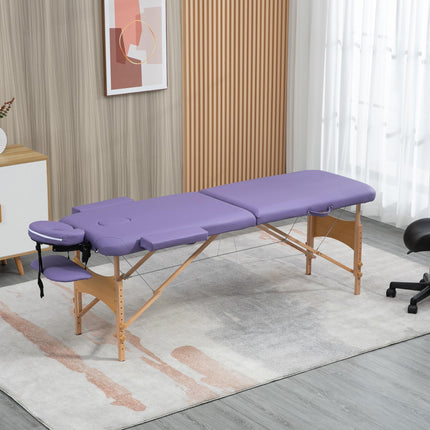 Folding Portable Massage Bed with Wooden Frame and Carry Bag, 2 Sections - Purple