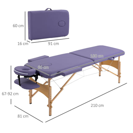 Folding Portable Massage Bed with Wooden Frame and Carry Bag, 2 Sections - Purple