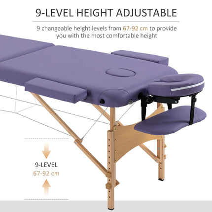 Folding Portable Massage Bed with Wooden Frame and Carry Bag, 2 Sections - Purple