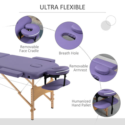 Folding Portable Massage Bed with Wooden Frame and Carry Bag, 2 Sections - Purple