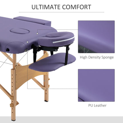Folding Portable Massage Bed with Wooden Frame and Carry Bag, 2 Sections - Purple
