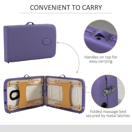 Folding Portable Massage Bed with Wooden Frame and Carry Bag, 2 Sections - Purple
