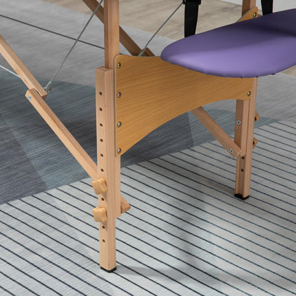 Folding Portable Massage Bed with Wooden Frame and Carry Bag, 2 Sections - Purple