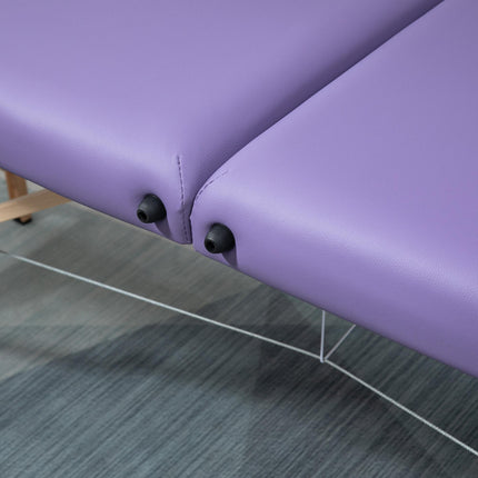 Folding Portable Massage Bed with Wooden Frame and Carry Bag, 2 Sections - Purple