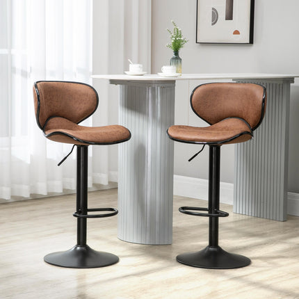 Set of 2 Adjustable Height Microfiber Bar Stools with Swivel Armless Seats - Brown