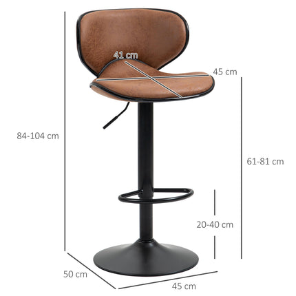 Set of 2 Adjustable Height Microfiber Bar Stools with Swivel Armless Seats - Brown