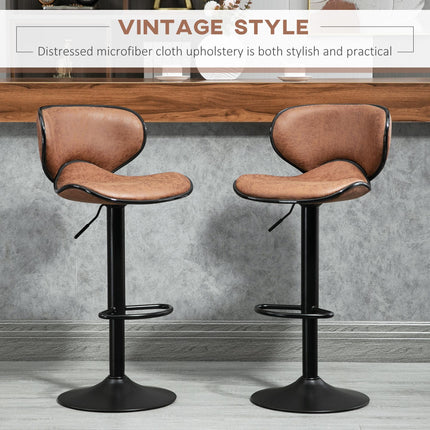 Set of 2 Adjustable Height Microfiber Bar Stools with Swivel Armless Seats - Brown