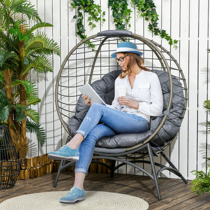 Folding Rattan Egg Chair with Cushion and Bottle Holder - Grey and Black