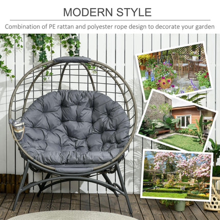 Folding Rattan Egg Chair with Cushion and Bottle Holder - Grey and Black
