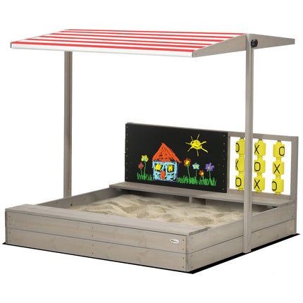 Kids Wooden Sandpit With Adjustable Canopy And Seats - Grey
