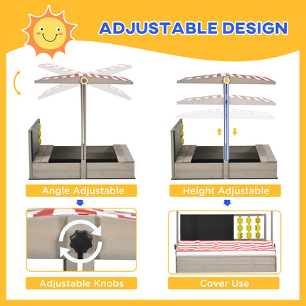 Kids Wooden Sandpit With Adjustable Canopy And Seats - Grey
