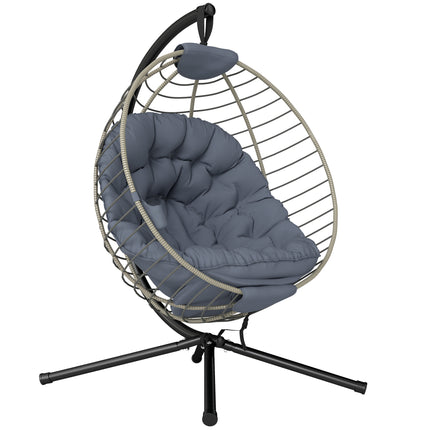 PE Rattan Outdoor Swing Chair with Metal Stand and Padded Cushion - Grey