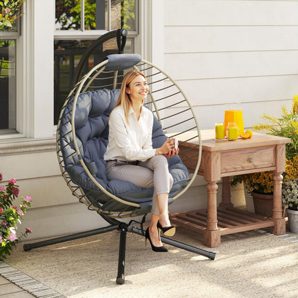 PE Rattan Outdoor Swing Chair with Metal Stand and Padded Cushion - Grey