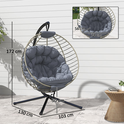 PE Rattan Outdoor Swing Chair with Metal Stand and Padded Cushion - Grey