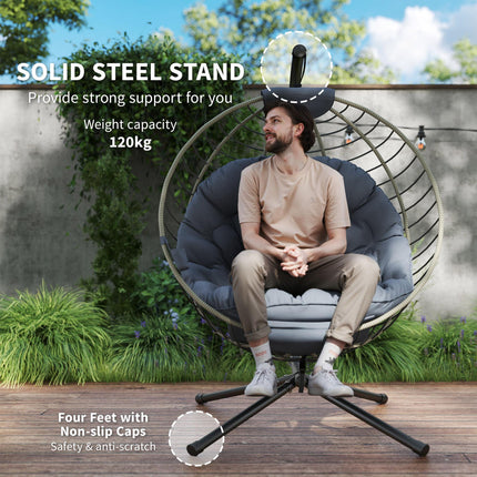 PE Rattan Outdoor Swing Chair with Metal Stand and Padded Cushion - Grey
