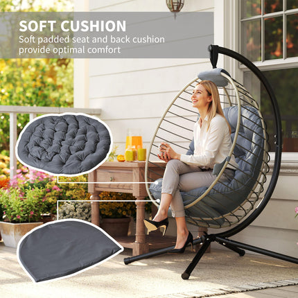 PE Rattan Outdoor Swing Chair with Metal Stand and Padded Cushion - Grey