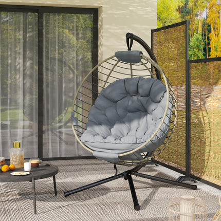 PE Rattan Outdoor Swing Chair with Metal Stand and Padded Cushion - Grey