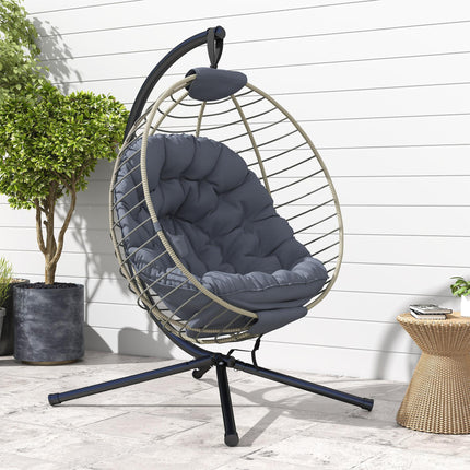 PE Rattan Outdoor Swing Chair with Metal Stand and Padded Cushion - Grey