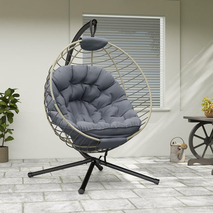 PE Rattan Outdoor Swing Chair with Metal Stand and Padded Cushion - Grey