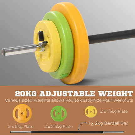 20kg Adjustable Barbell Weight Set with Non-slip Handle for Strength Training - Orange, Green, Yellow