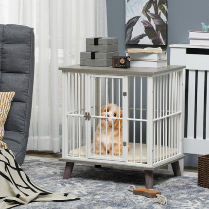 Dog Crate Furniture with Lockable Door and Soft Cushion, Indoor Pet Kennel Side Table for Small Dogs, 64.5x48x70.5 cm - Grey