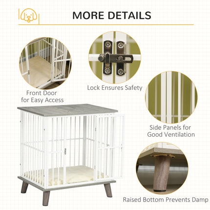 Dog Crate Furniture with Lockable Door and Soft Cushion, Indoor Pet Kennel Side Table for Small Dogs, 64.5x48x70.5 cm - Grey