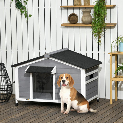 Large Elevated Wooden Dog Kennel with Openable Top, Asphalt Roof & Removable Tray - Grey