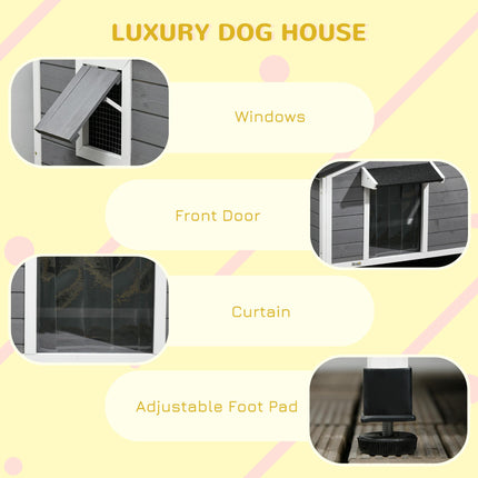 Large Elevated Wooden Dog Kennel with Openable Top, Asphalt Roof & Removable Tray - Grey