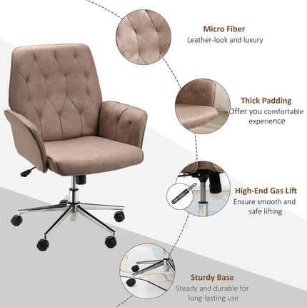 Micro Fibre Mid Back Office Desk Chair with Adjustable Seat and Arms - Brown