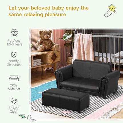 2 Piece Toddler Sofa Set with Footstool for Kids - Black