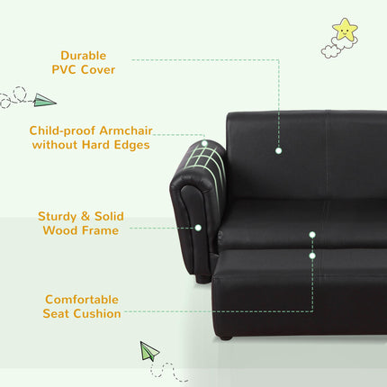 2 Piece Toddler Sofa Set with Footstool for Kids - Black