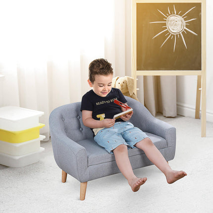2 Seater Toddler Chair with Wood Frame and Linen Upholstery - Grey