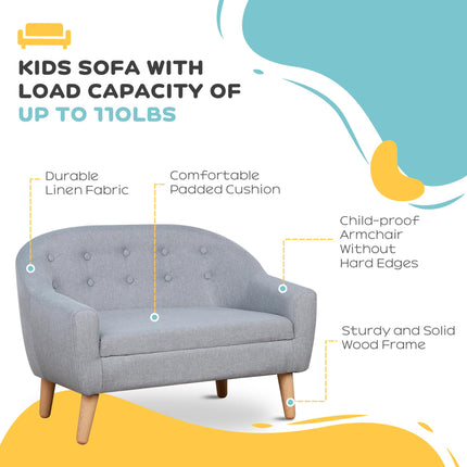 2 Seater Toddler Chair with Wood Frame and Linen Upholstery - Grey