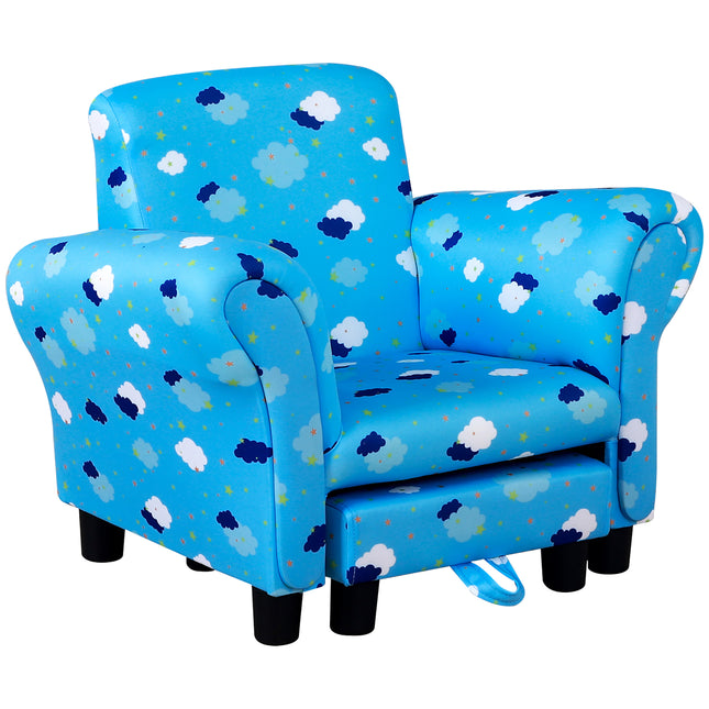 Children's Mini Sofa with Pull-Out Footrest and Wood Frame - Blue Cloud