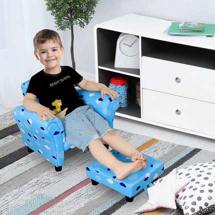 Children's Mini Sofa with Pull-Out Footrest and Wood Frame - Blue Cloud