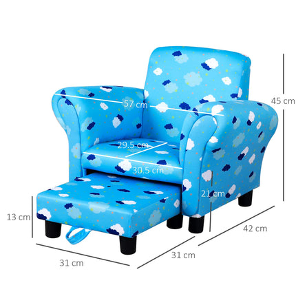 Children's Mini Sofa with Pull-Out Footrest and Wood Frame - Blue Cloud