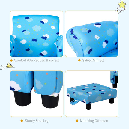 Children's Mini Sofa with Pull-Out Footrest and Wood Frame - Blue Cloud