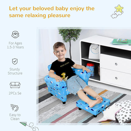 Children's Mini Sofa with Pull-Out Footrest and Wood Frame - Blue Cloud