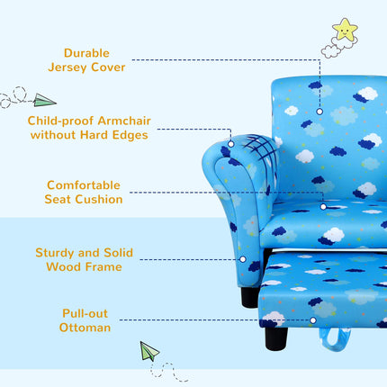 Children's Mini Sofa with Pull-Out Footrest and Wood Frame - Blue Cloud