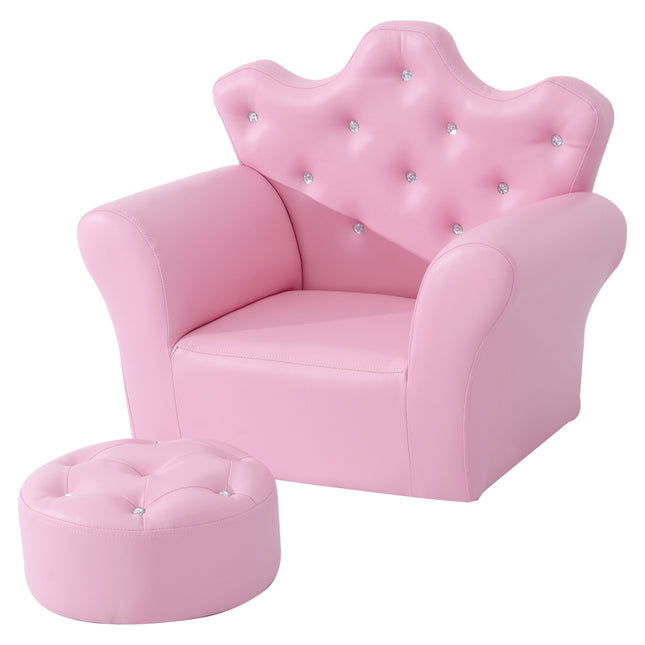 Kids 2 Piece Armchair and Footstool Set with Crown Backrest - Pink