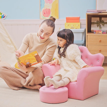 Kids 2 Piece Armchair and Footstool Set with Crown Backrest - Pink
